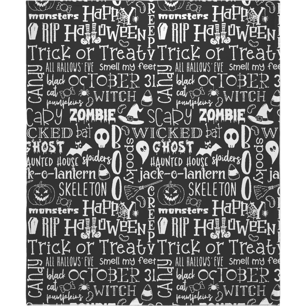 Halloween Typography - White on Grey Blanket, Plush Fleece, 50x60, Black