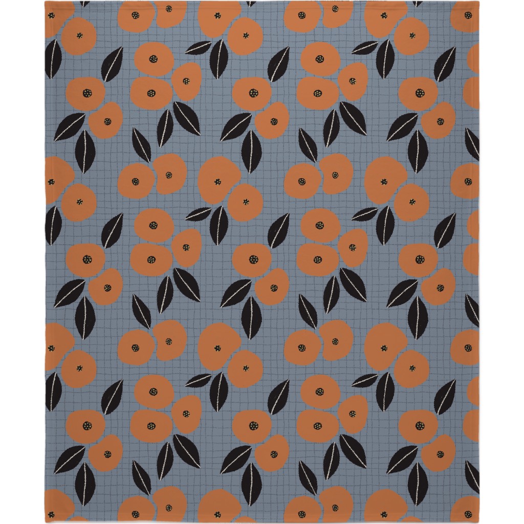 Ingrid Floral - Orange on Blue Blanket, Plush Fleece, 50x60, Blue, True Blue