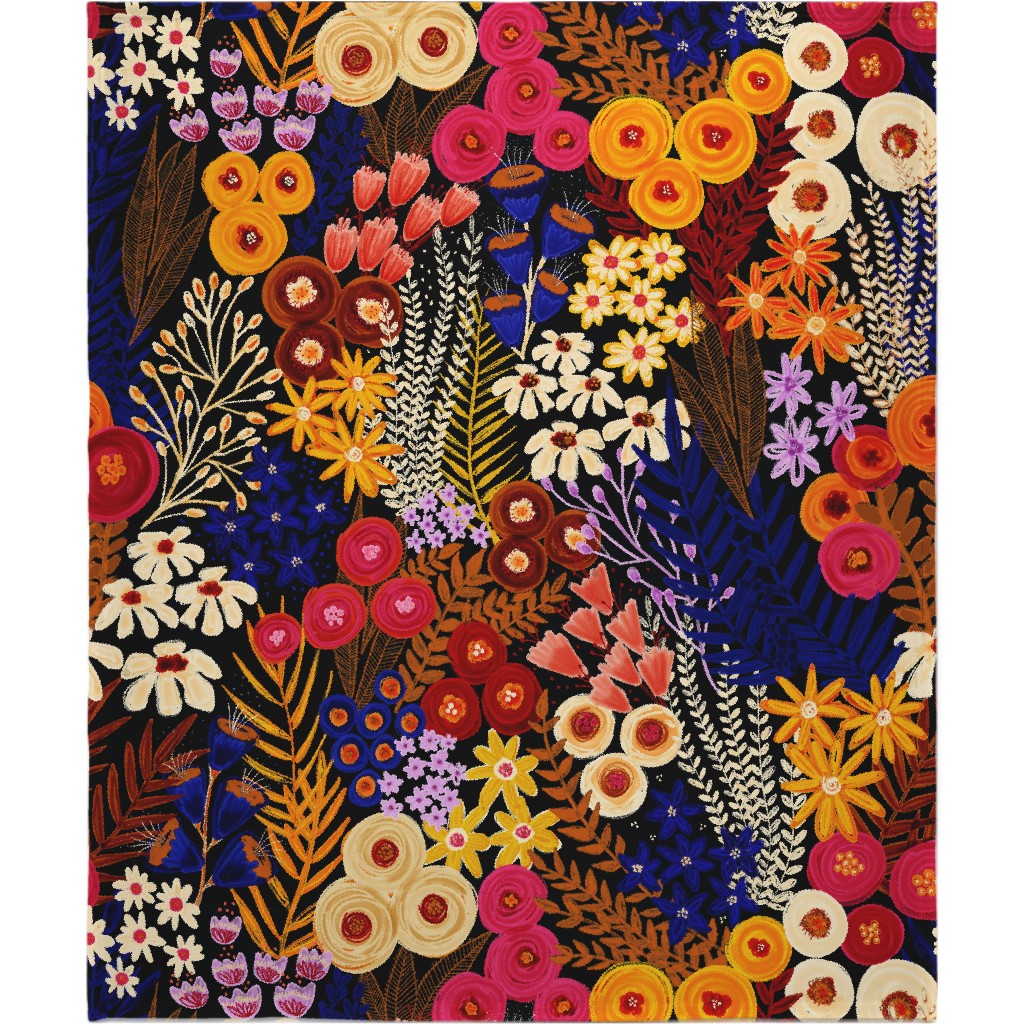 Wildflowers - Multi on Black Blanket, Plush Fleece, 50x60, Multicolor