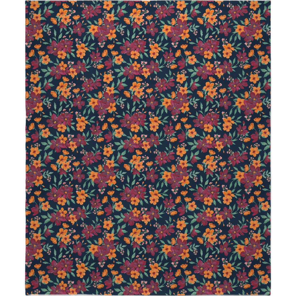 Watercolor Autumn Florals - Navy Blanket, Plush Fleece, 50x60, Multicolor