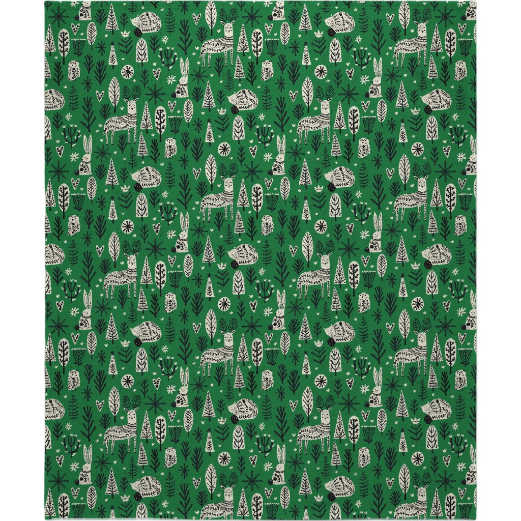 Scandi Snowflake Holiday - Alligator Green With Vanilla & Black Blanket, Plush Fleece, 50x60, Green, Classic Green