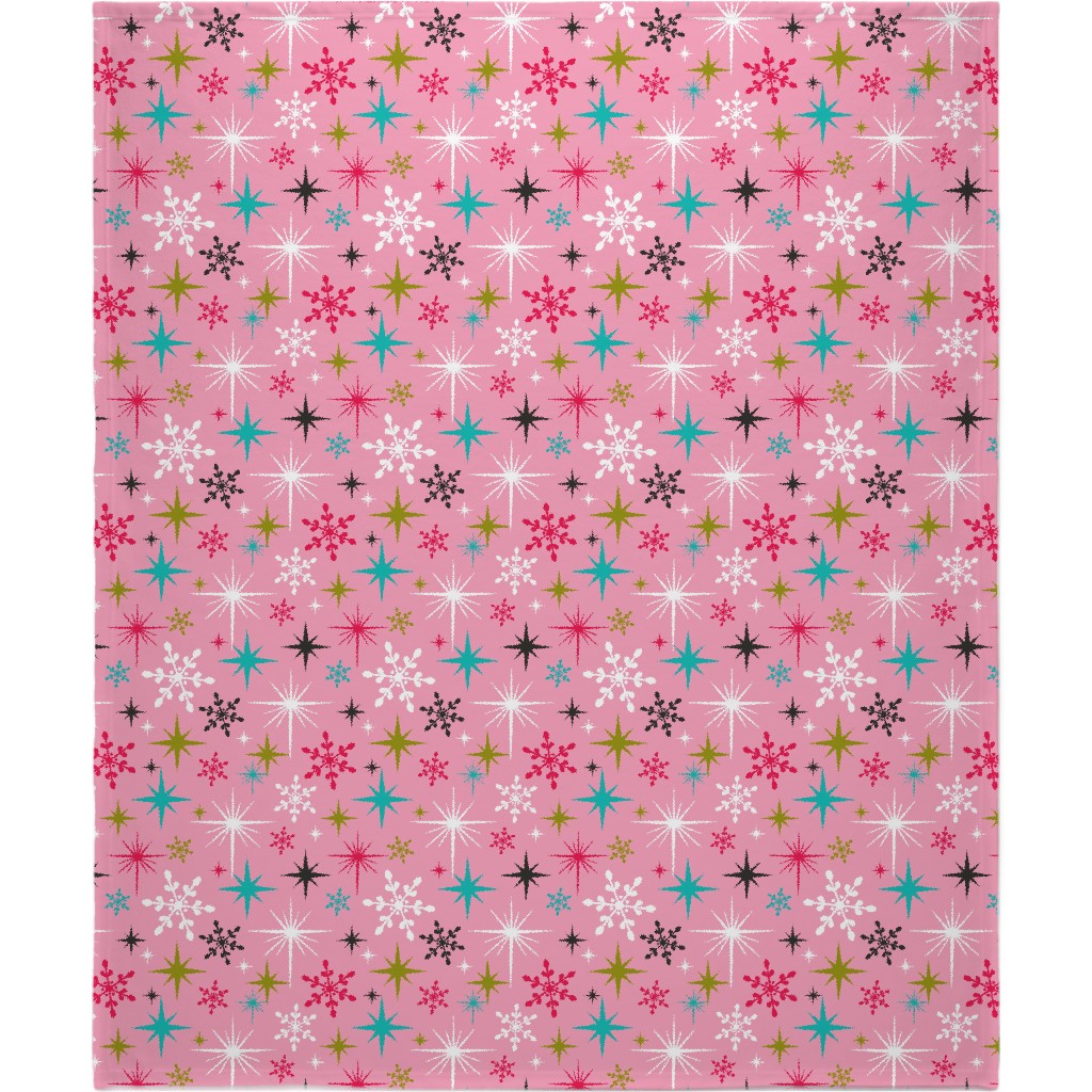 Stardust Retro Christmas Snowflakes and Stars - Pink Blanket, Plush Fleece, 50x60, Pink