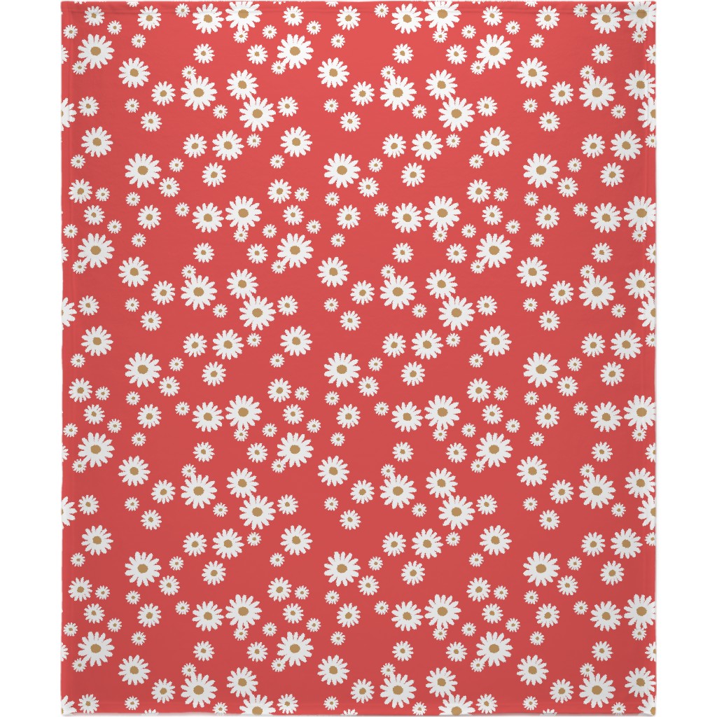 Vintage Daisies - White on Red Blanket, Plush Fleece, 50x60, Red, Red
