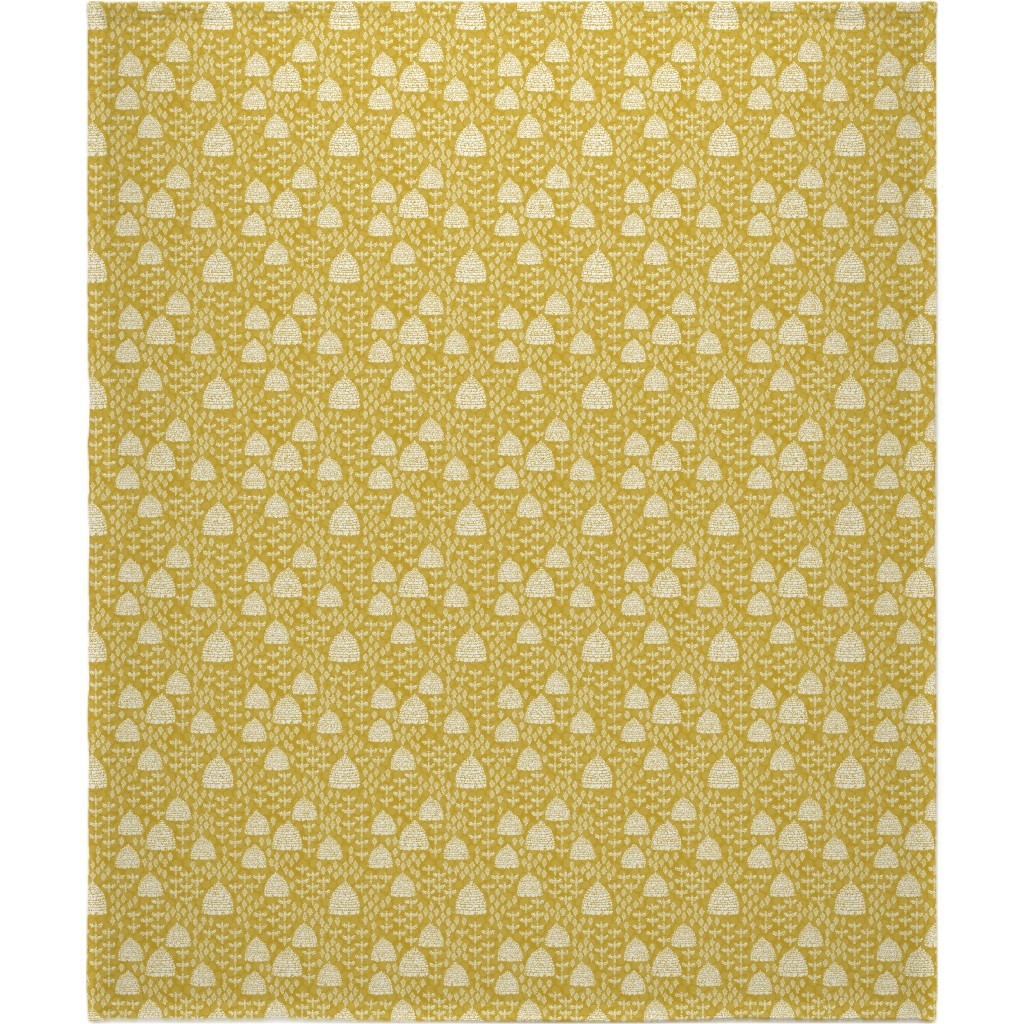Bee Hives, Spring Florals Linocut Block Printed - Golden Yellow Blanket, Plush Fleece, 50x60, Yellow