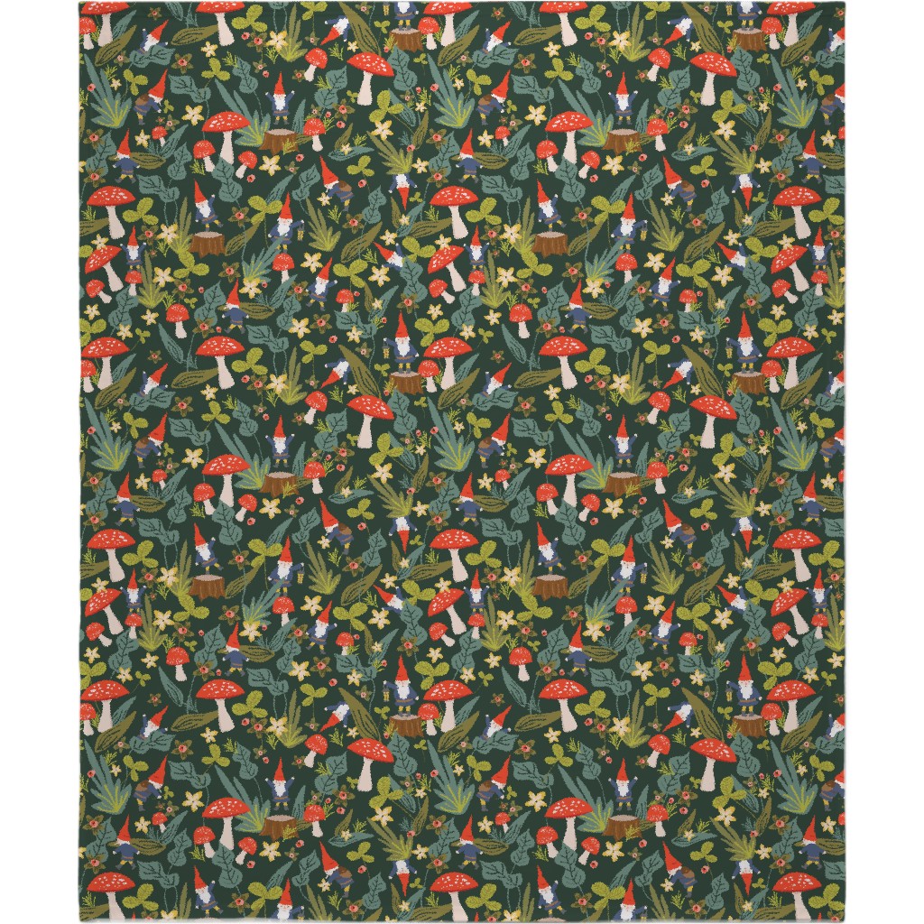 Woodland Gnomes & Mushrooms - Green Blanket, Plush Fleece, 50x60, Green, Classic Green