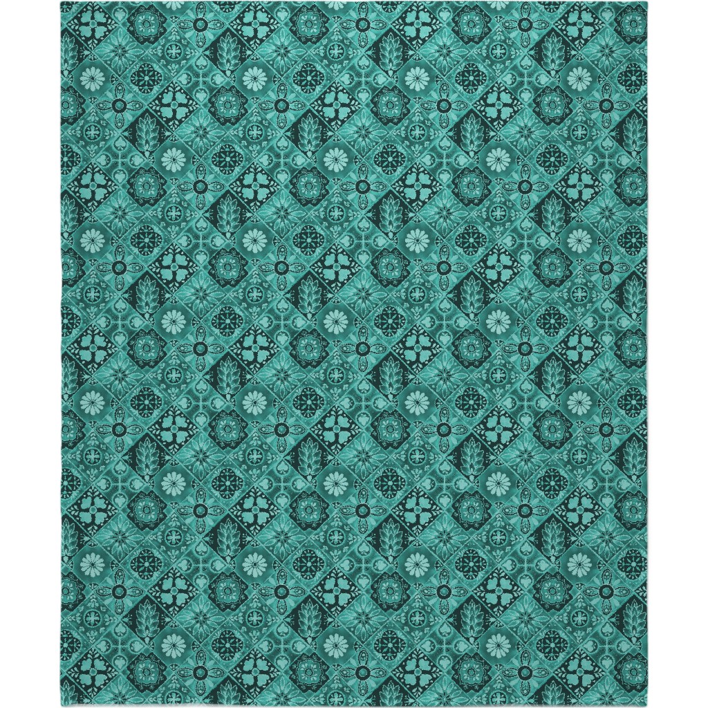 Watercolor Talavera Tiles Blanket, Plush Fleece, 50x60, Green