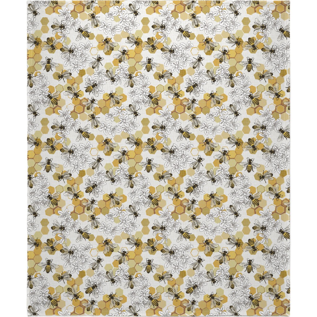 Save the Honey Bees - Yellow on White Blanket, Plush Fleece, 50x60, Yellow