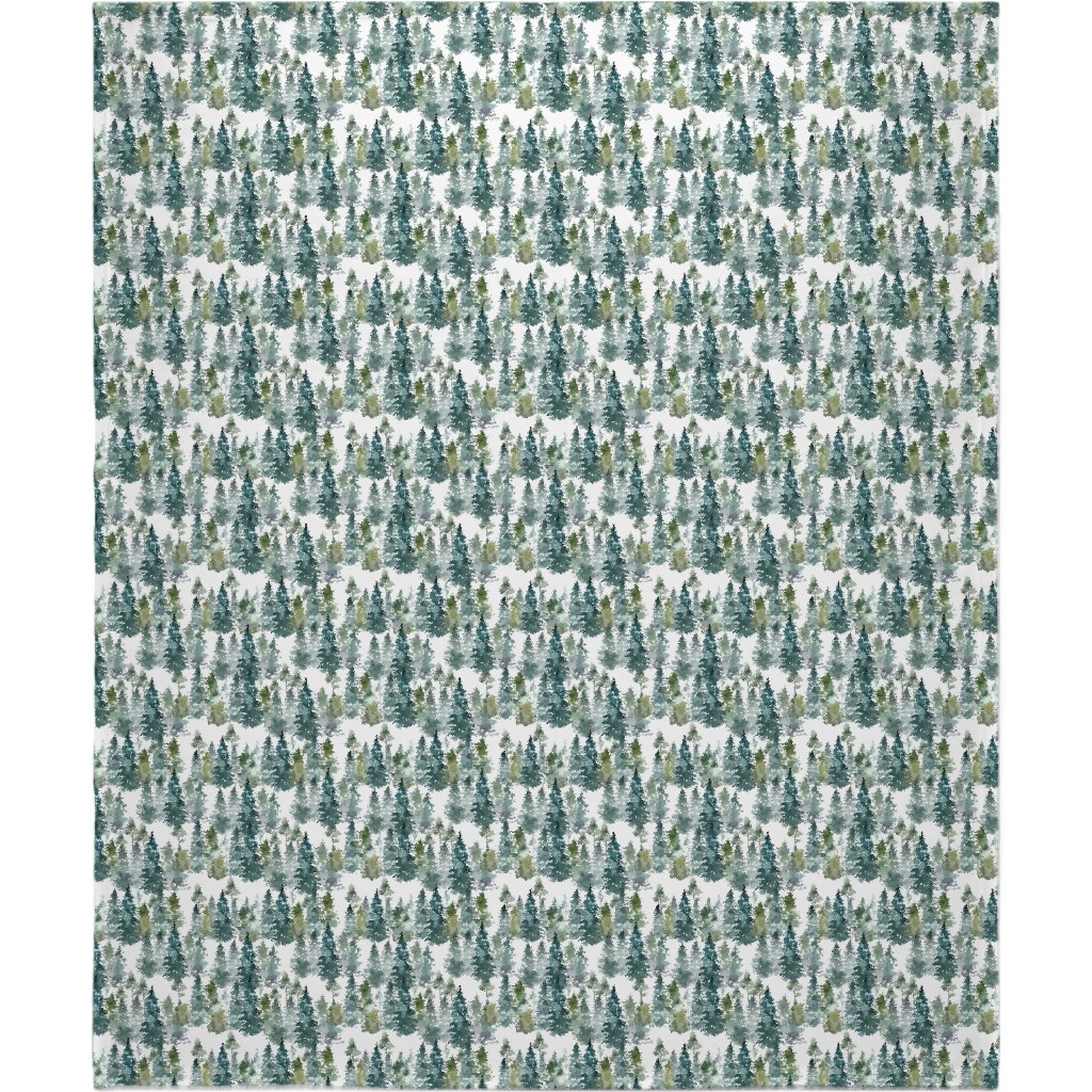 Woodland Trees Watercolor - White Blanket, Plush Fleece, 50x60, Green, Classic Green