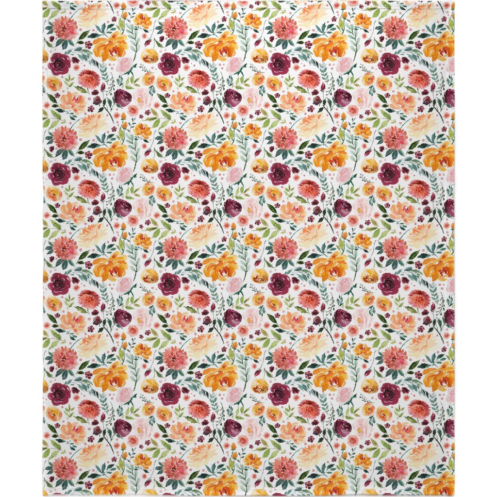 Orange Burgandy Floral Blanket, Plush Fleece, 50x60, Multicolor