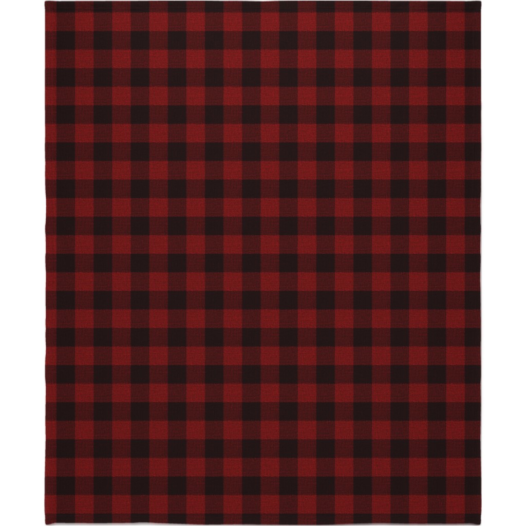 Linen Look Gingham Lumberjack - Red, Black Blanket, Plush Fleece, 50x60, Red, Red