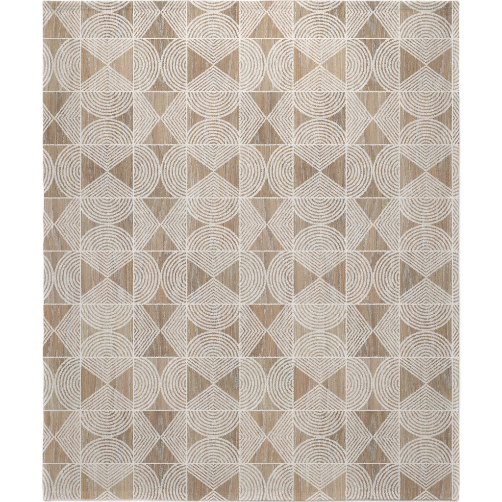 Boho Tribal Woodcut Geometric Shapes Blanket, Plush Fleece, 50x60, Beige, Rye