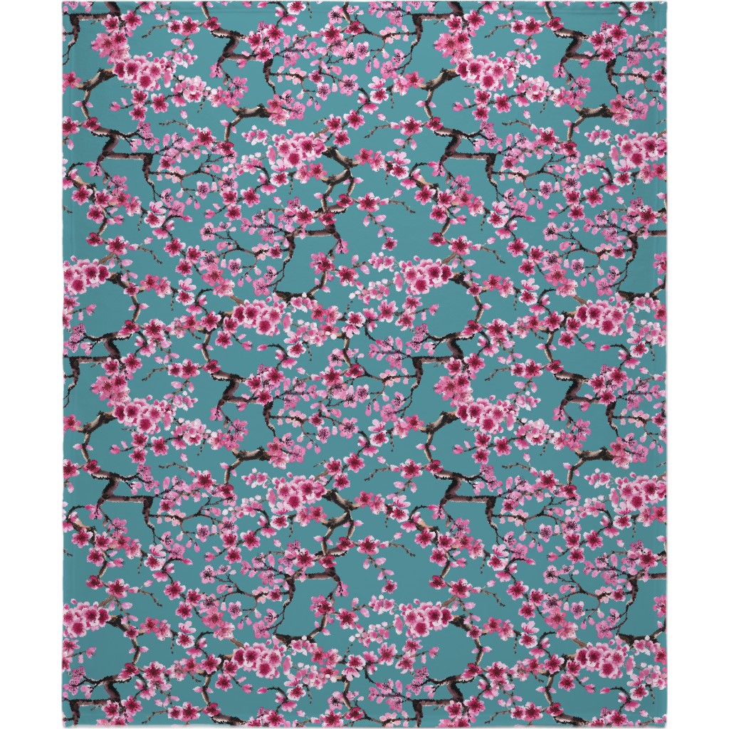 Sakura - Pink on Turquoise Blanket, Plush Fleece, 50x60, Blue