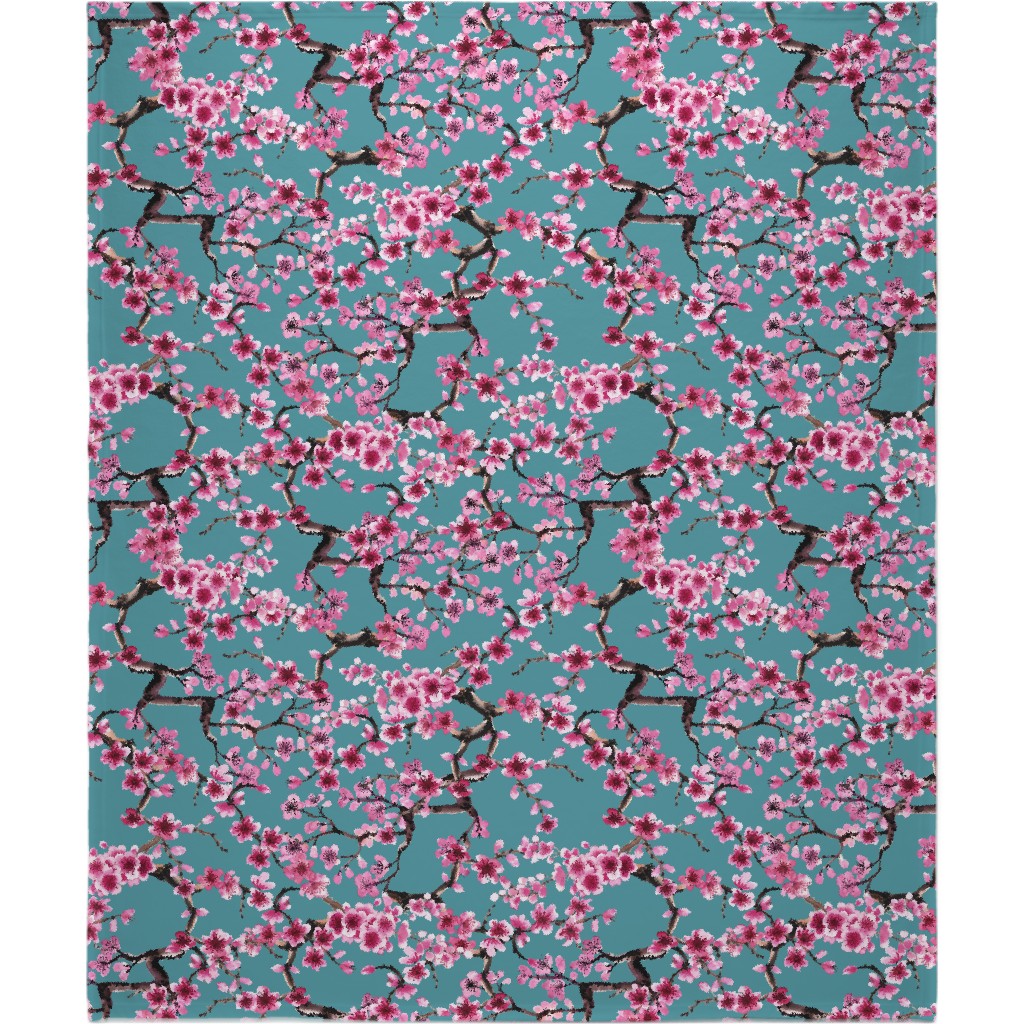 Sakura - Pink on Turquoise Blanket, Plush Fleece, 50x60, Blue, True Blue