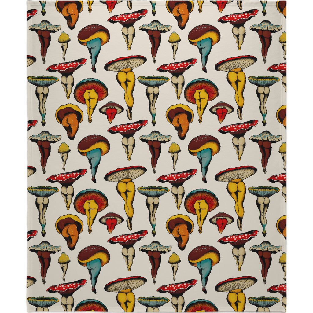 Sexy Mushrooms - Multi on Off White Blanket, Sherpa, 50x60, Multicolor
