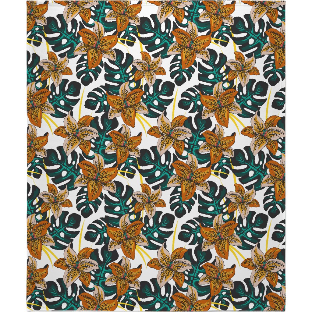 Tropical Lily on White Blanket, Sherpa, 50x60, Multicolor