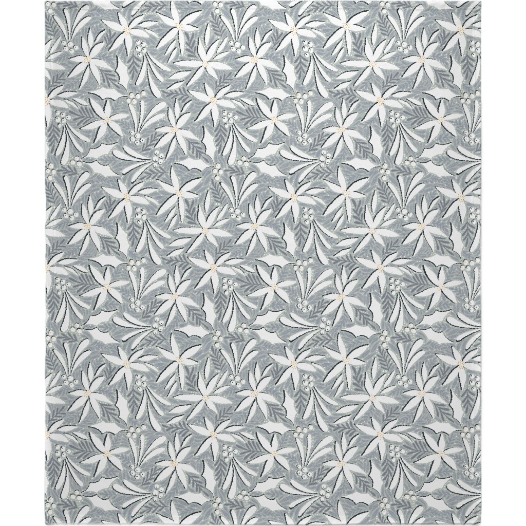 Poinsettia, Holly, & Mistletoe - White & Grey Blanket, Sherpa, 50x60, Gray