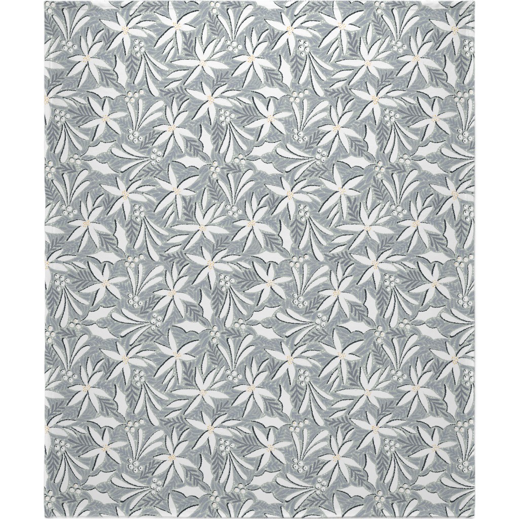 Poinsettia, Holly, & Mistletoe - White & Grey Blanket, Sherpa, 50x60, Gray, Gray