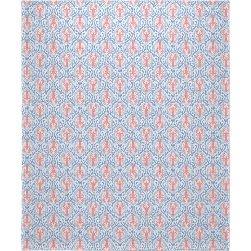 Lobster and Seaweed Nautical Damask - White, Coral Pink and Cornflower Blue Blanket, Sherpa, 50x60, Blue, True Blue