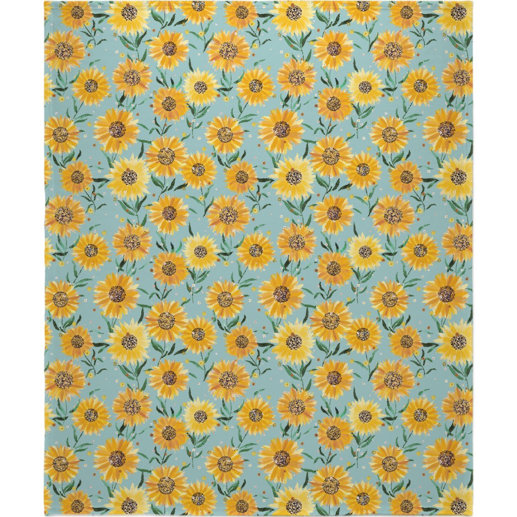 Watercolor Sunflowers - Yellow on Blue Blanket, Sherpa, 50x60, Yellow