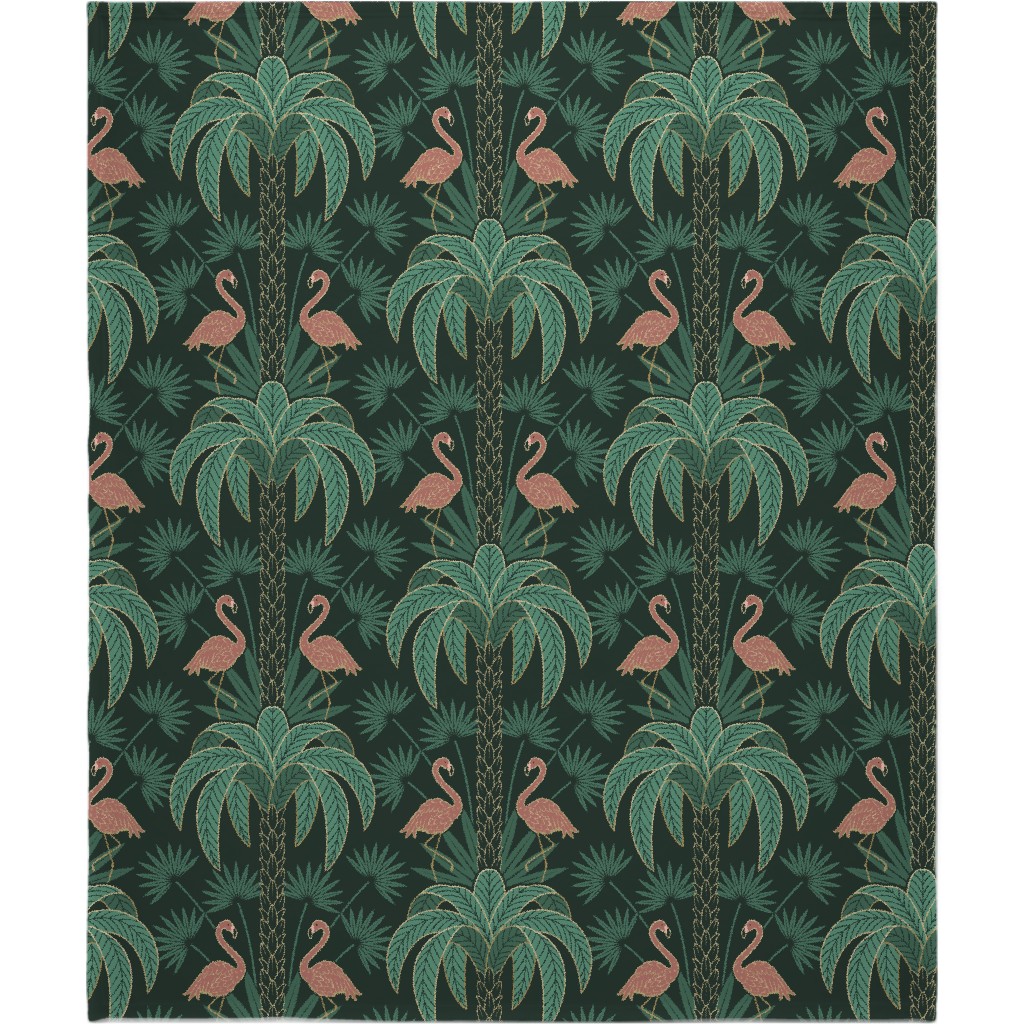 Art Deco Palm Trees and Flamingos Damask - Green and Pink Blanket, Sherpa, 50x60, Green, Classic Green