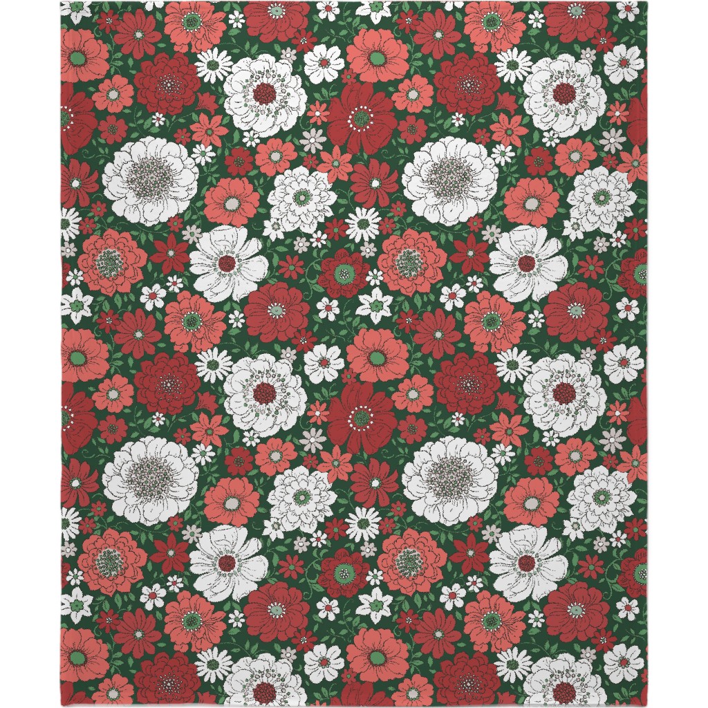 Camilla Retro Floral Christmas - Red and Green Blanket, Sherpa, 50x60, Multicolor