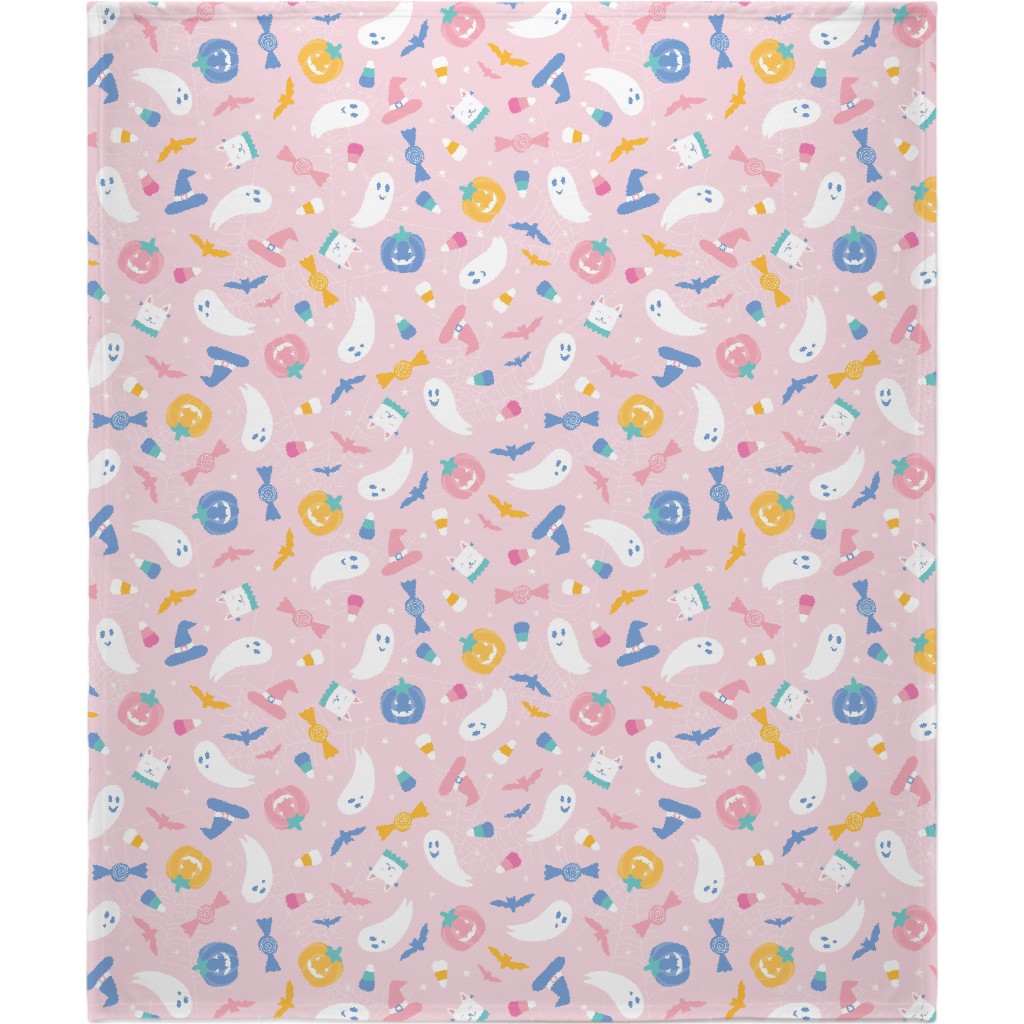 Happy Ghosts and Candy Corn - Pastel Blanket, Sherpa, 50x60, Pink, Bright Pink