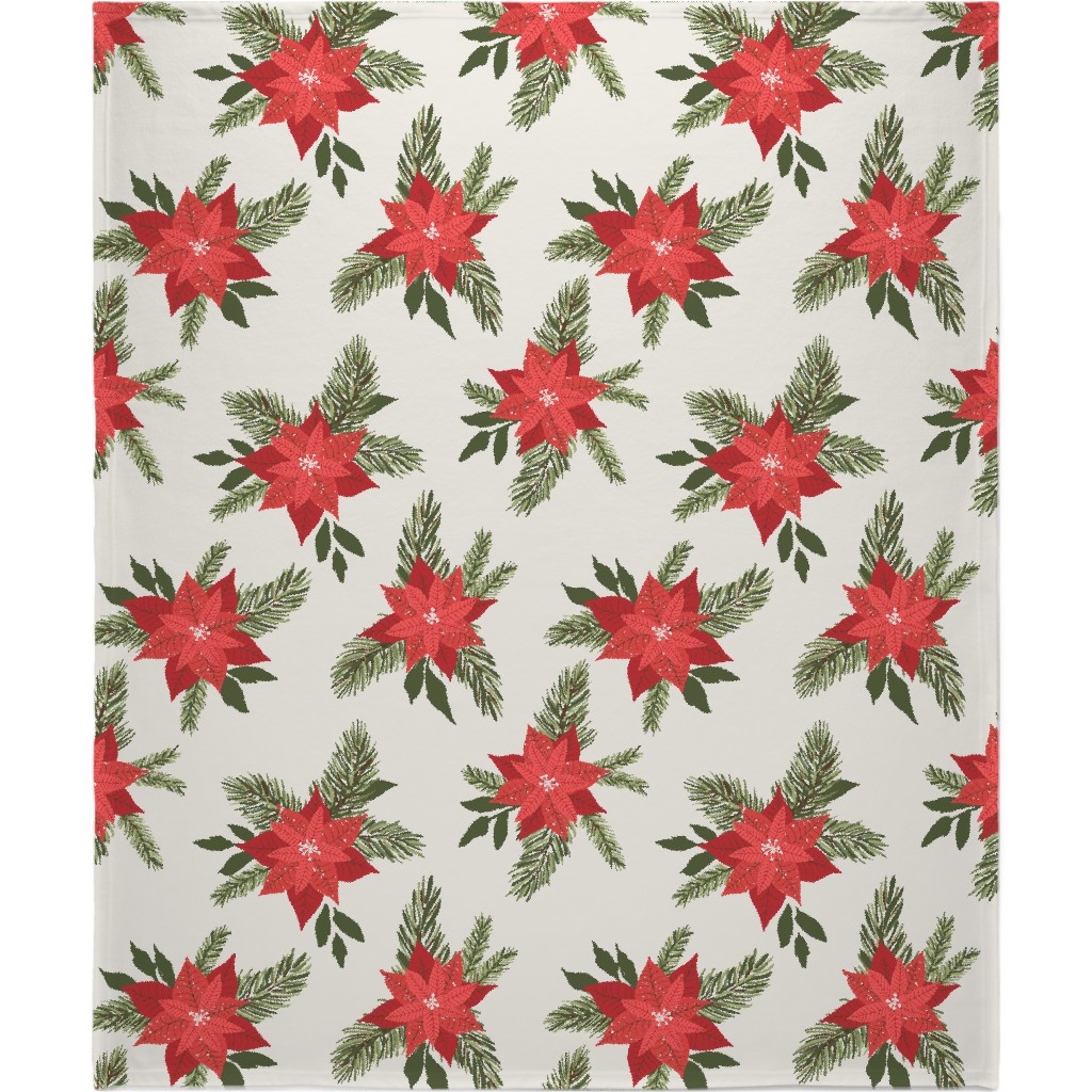 Poinsettia Christmas Flower Blanket, Sherpa, 50x60, Beige, Pearl