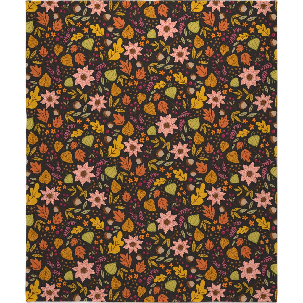 Autumn Fall Floral - Dark Blanket, Sherpa, 50x60, Multicolor