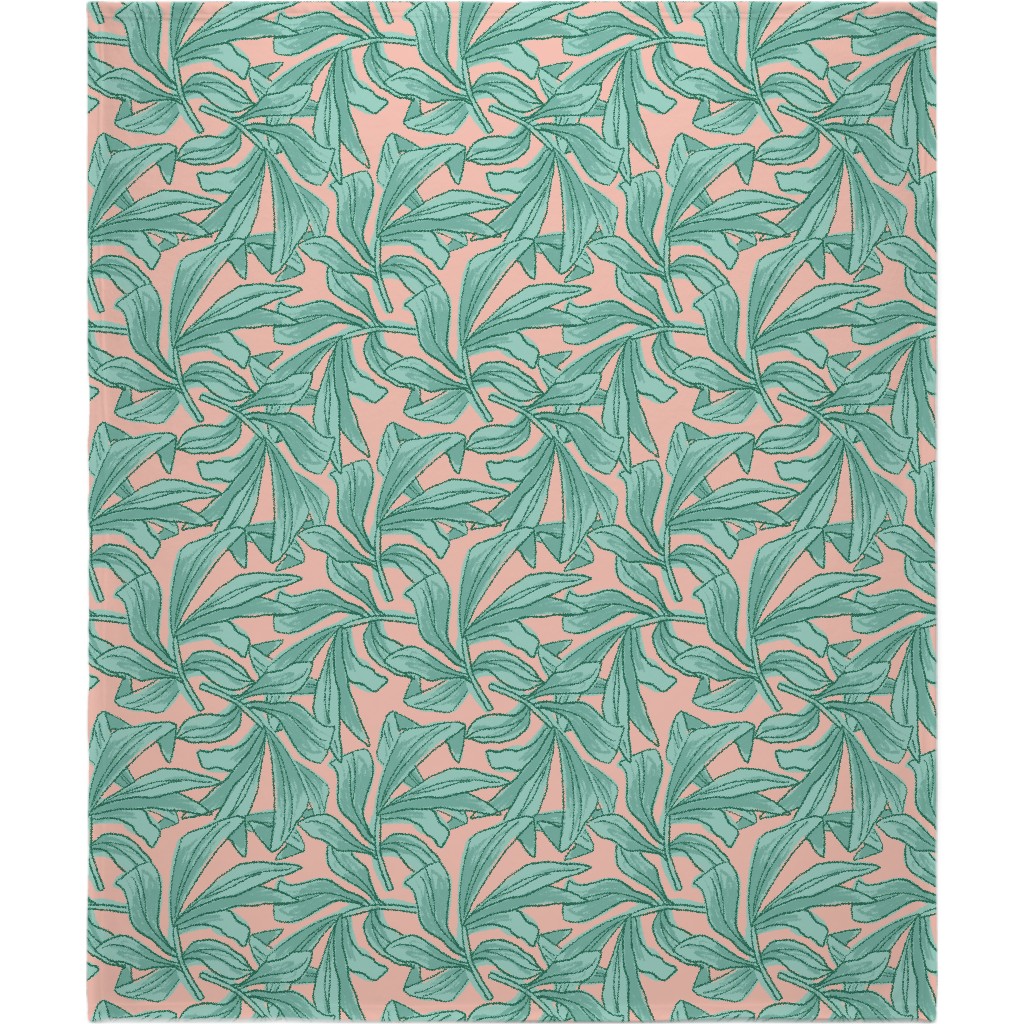 Lush Tropical Leaves - Pink and Mint Blanket, Sherpa, 50x60, Green