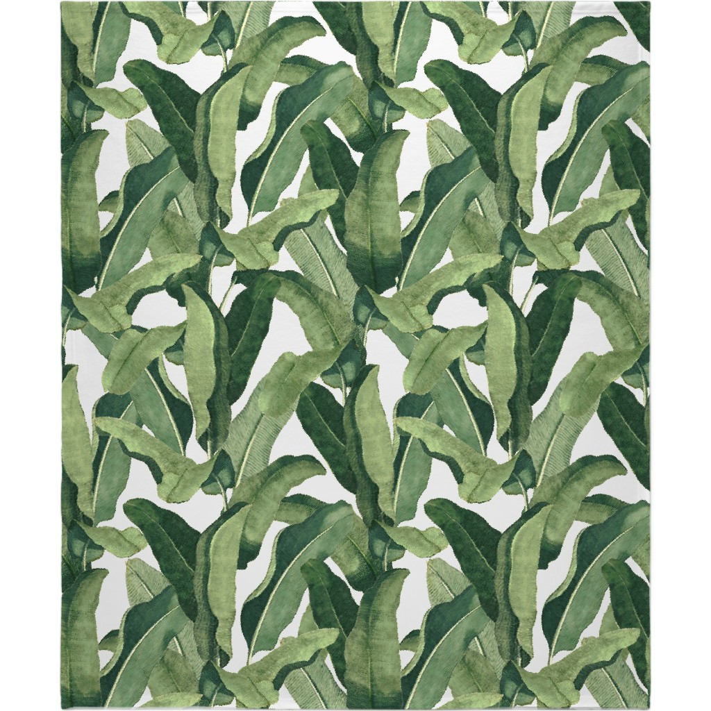 Tropical Leaves - Greens on White Blanket, Sherpa, 50x60, Green