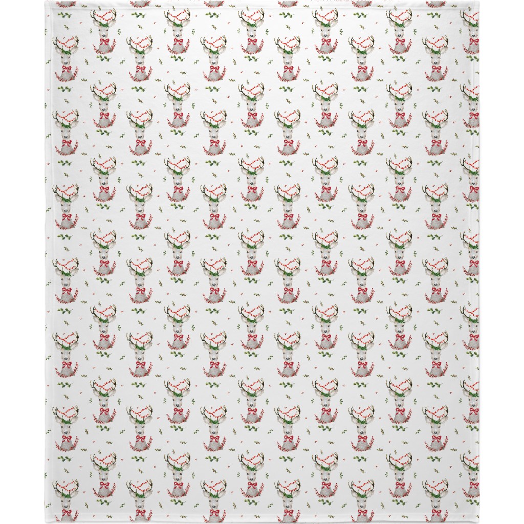 Holiday Fancy Deer With Holly Blanket, Sherpa, 50x60, Multicolor