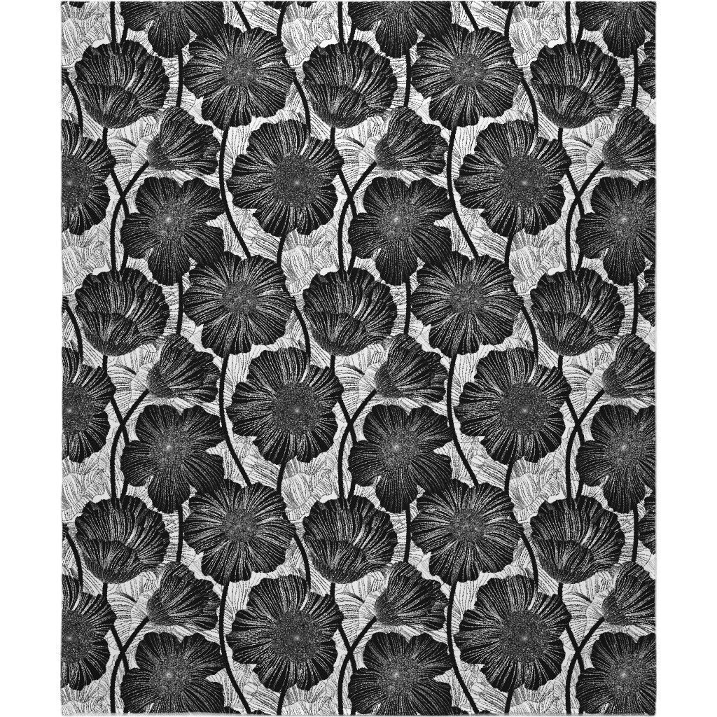 Mid Century Modern Floral - Black and White Blanket, Sherpa, 50x60, Black