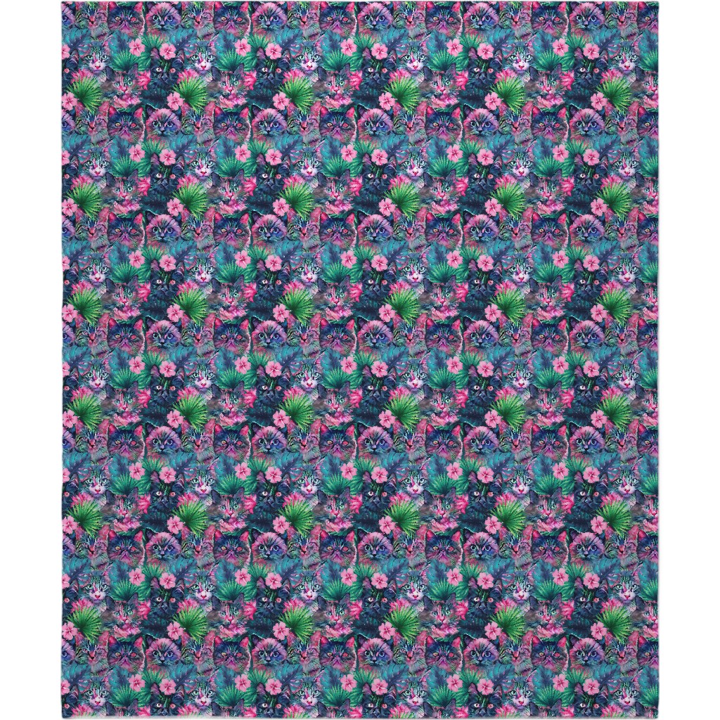 Summer Floral Cats - Multi Blanket, Sherpa, 50x60, Multicolor