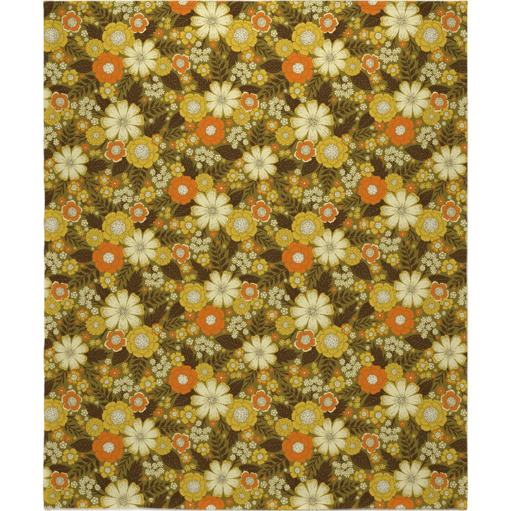 1970s Retro/Vintage Floral - Yellow and Brown Blanket, Sherpa, 50x60, Yellow, Classic Yellow