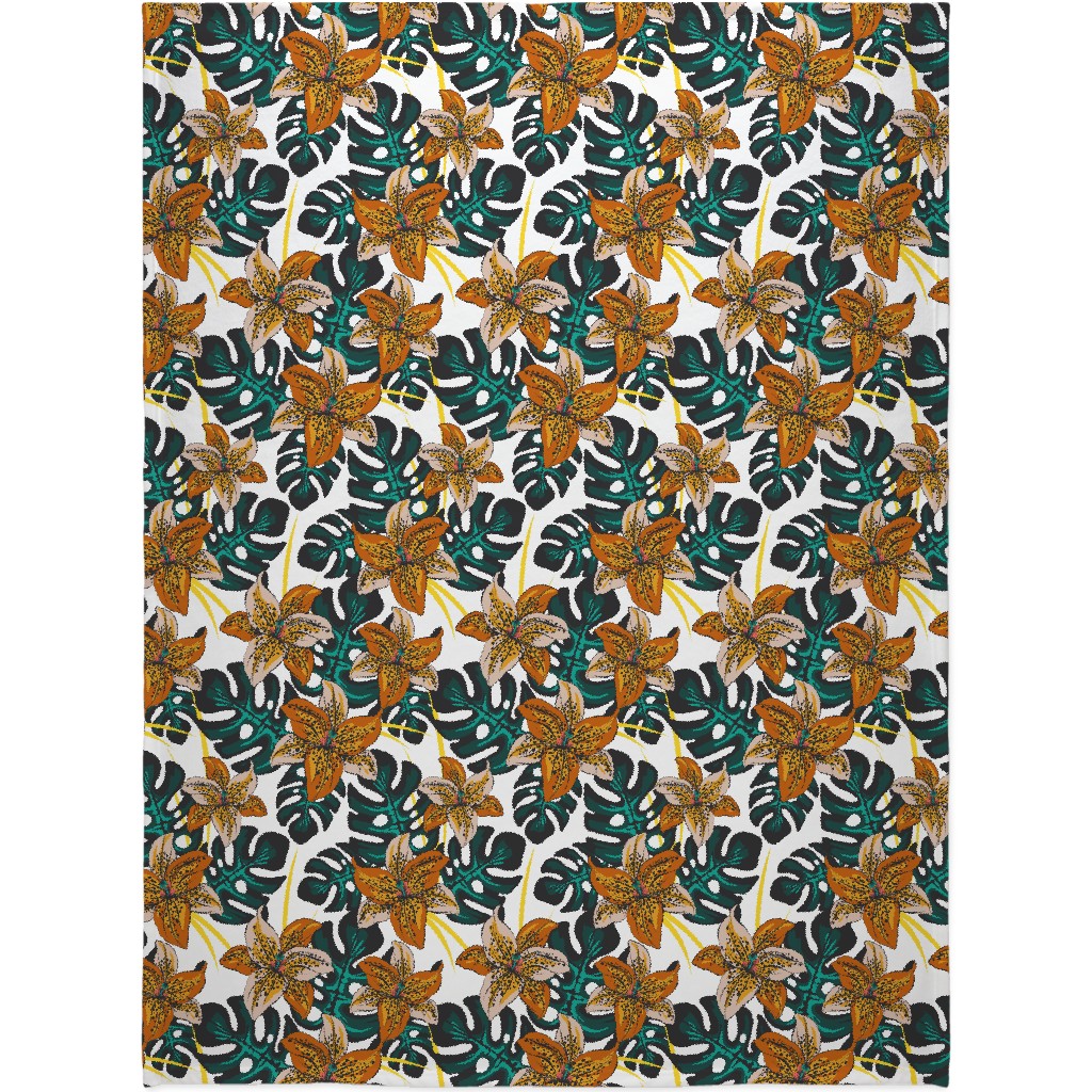 Tropical Lily on White Blanket, Fleece, 60x80, Multicolor