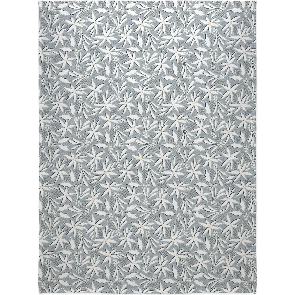 Poinsettia, Holly, & Mistletoe - White & Grey Blanket, Fleece, 60x80, Gray