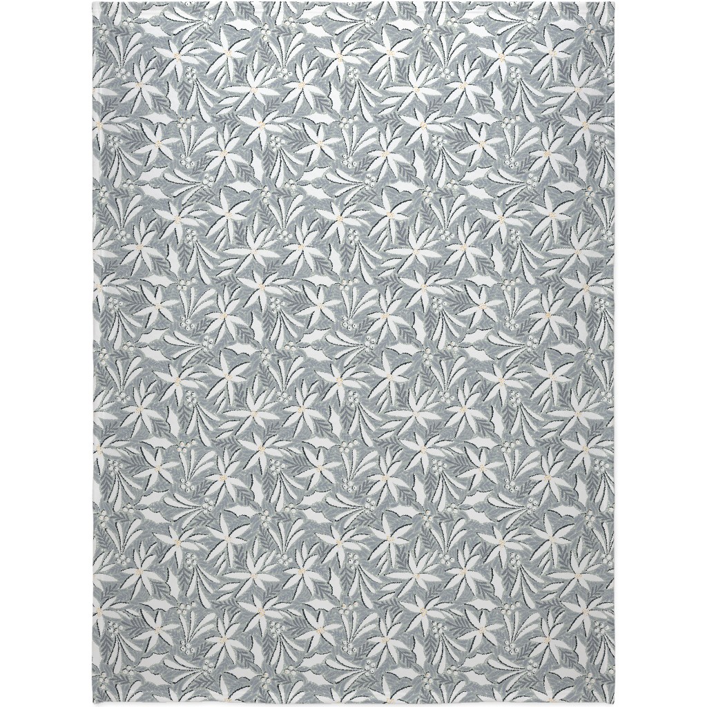 Poinsettia, Holly, & Mistletoe - White & Grey Blanket, Fleece, 60x80, Gray, Gray