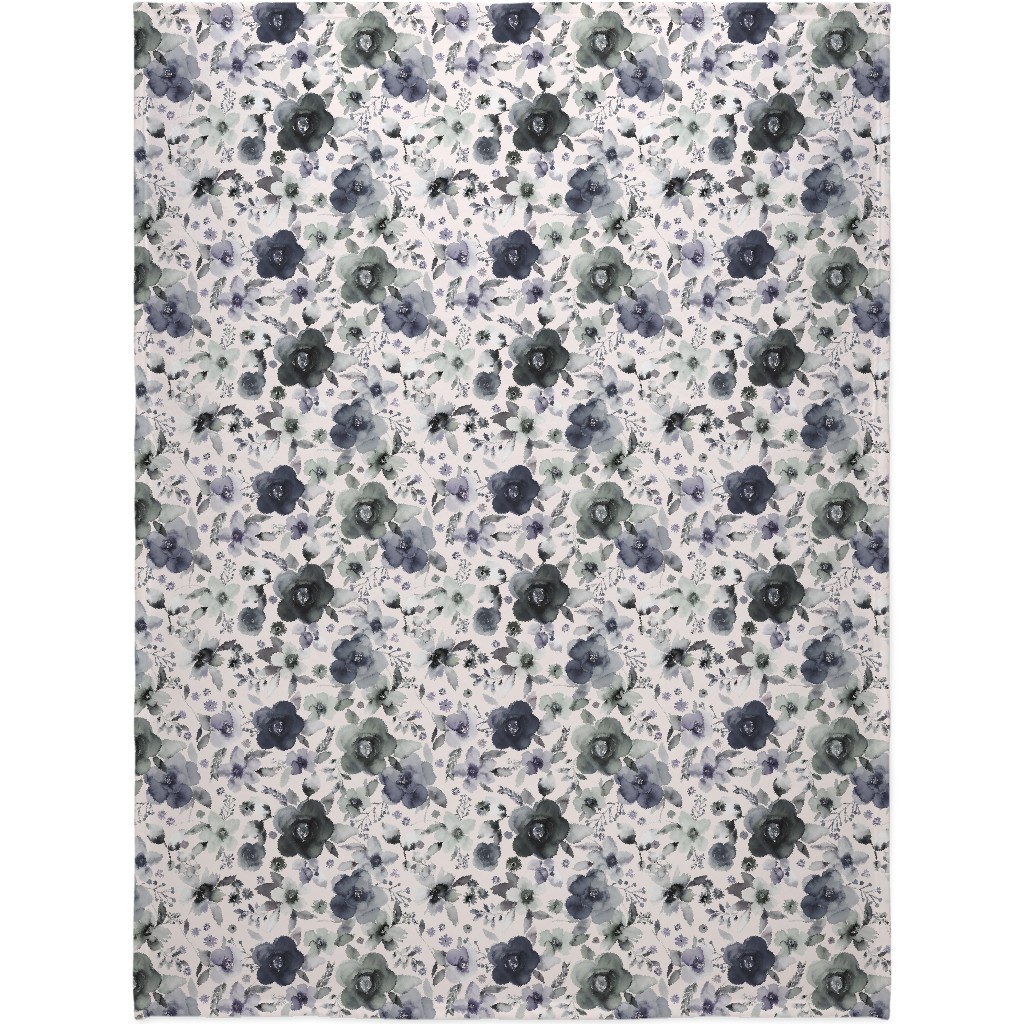 Wintery Watercolor Flower Bouquets - Navy Blanket, Fleece, 60x80, Blue