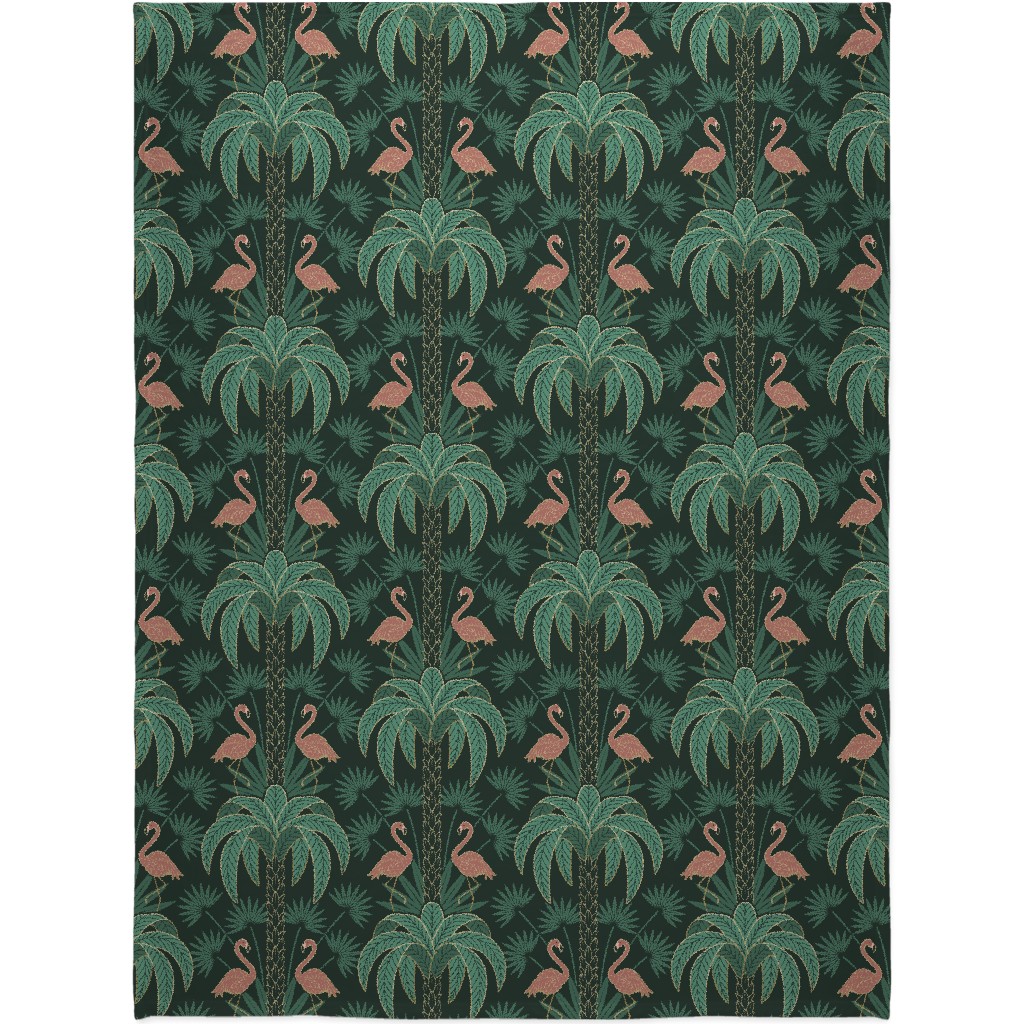 Art Deco Palm Trees and Flamingos Damask - Green and Pink Blanket, Fleece, 60x80, Green, Classic Green