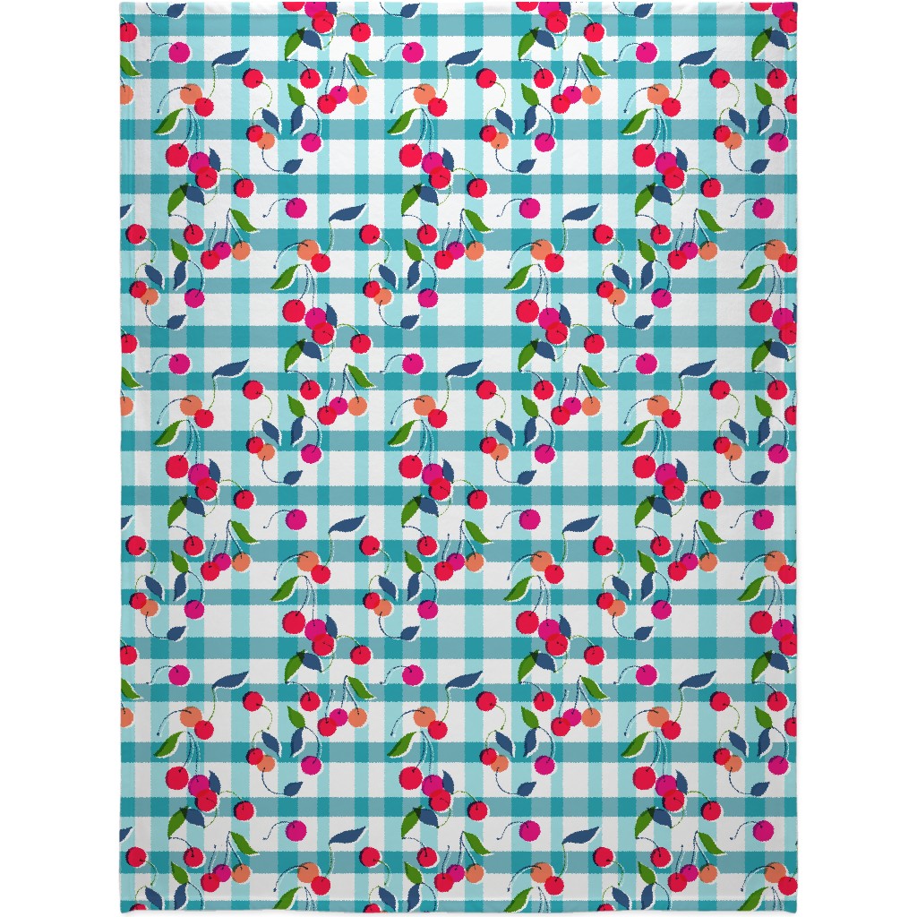 Gingham Cherry - Blue Blanket, Fleece, 60x80, Blue, True Blue
