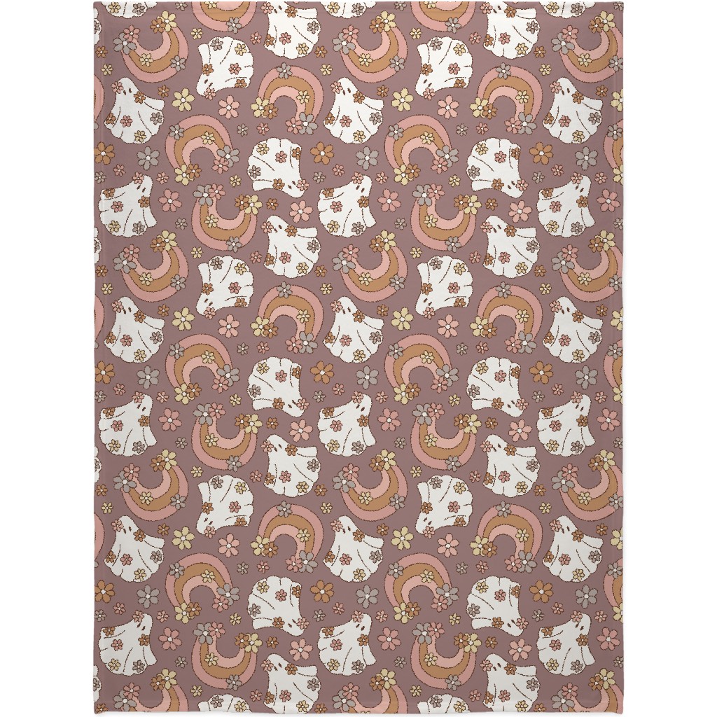 Boho Floral Ghosts Blanket, Fleece, 60x80, Purple, Faded Rose