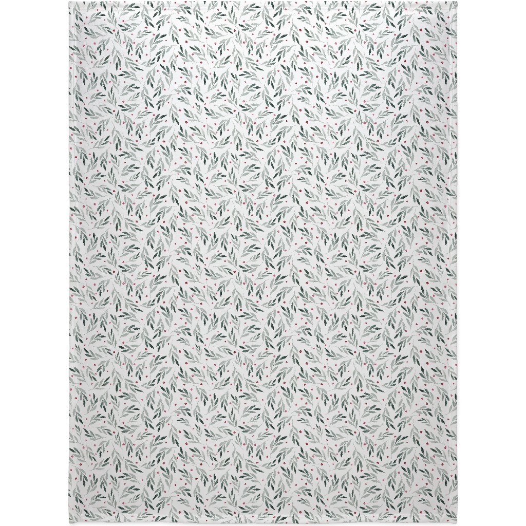 Festive Christmas Green Leaves & Red Berries Blanket, Fleece, 60x80, White, White