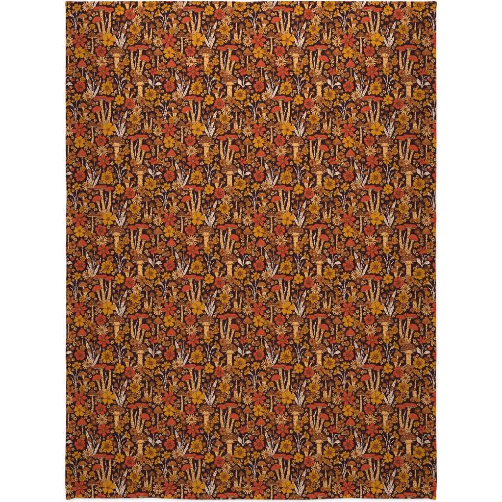 Retro 1970s Mushroom & Flowers - Brown and Orange Blanket, Fleece, 60x80, Orange, Orange