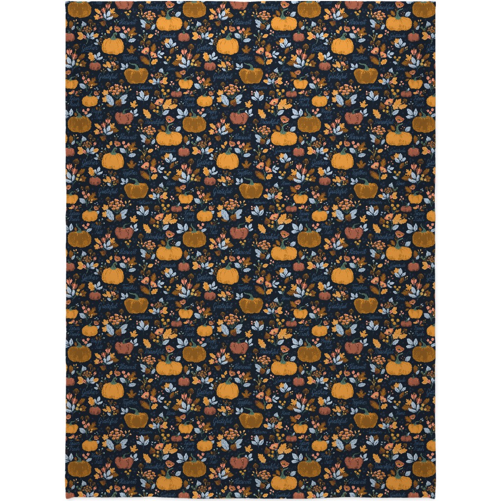 Elegant Fall Floral Harvest - Navy Blanket, Fleece, 60x80, Orange, Orange