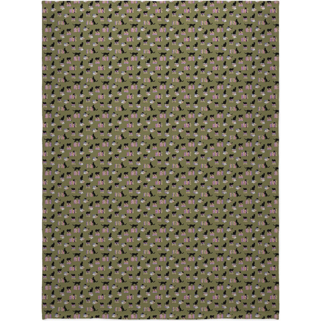 Cats and Books Blanket, Fleece, 60x80, Green, Avocado