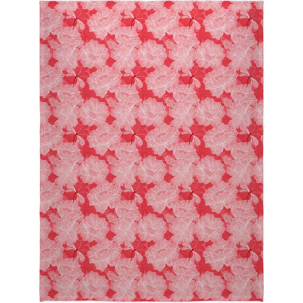 Floral & Butterflies on Scarlet Blanket, Fleece, 60x80, Pink, Bright Pink