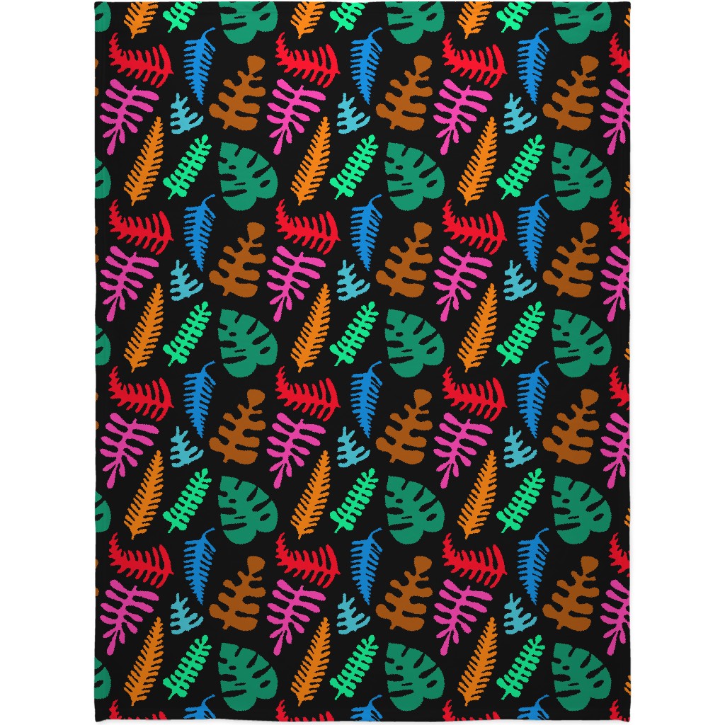 Mod Minimalist Leaves - Multi on Black Blanket, Fleece, 60x80, Multicolor