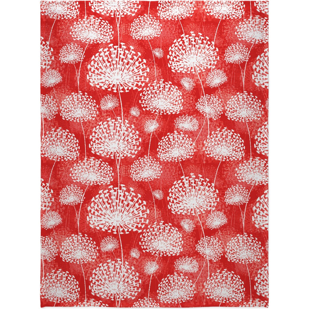Dandelions - White on Red Blanket, Fleece, 60x80, Red