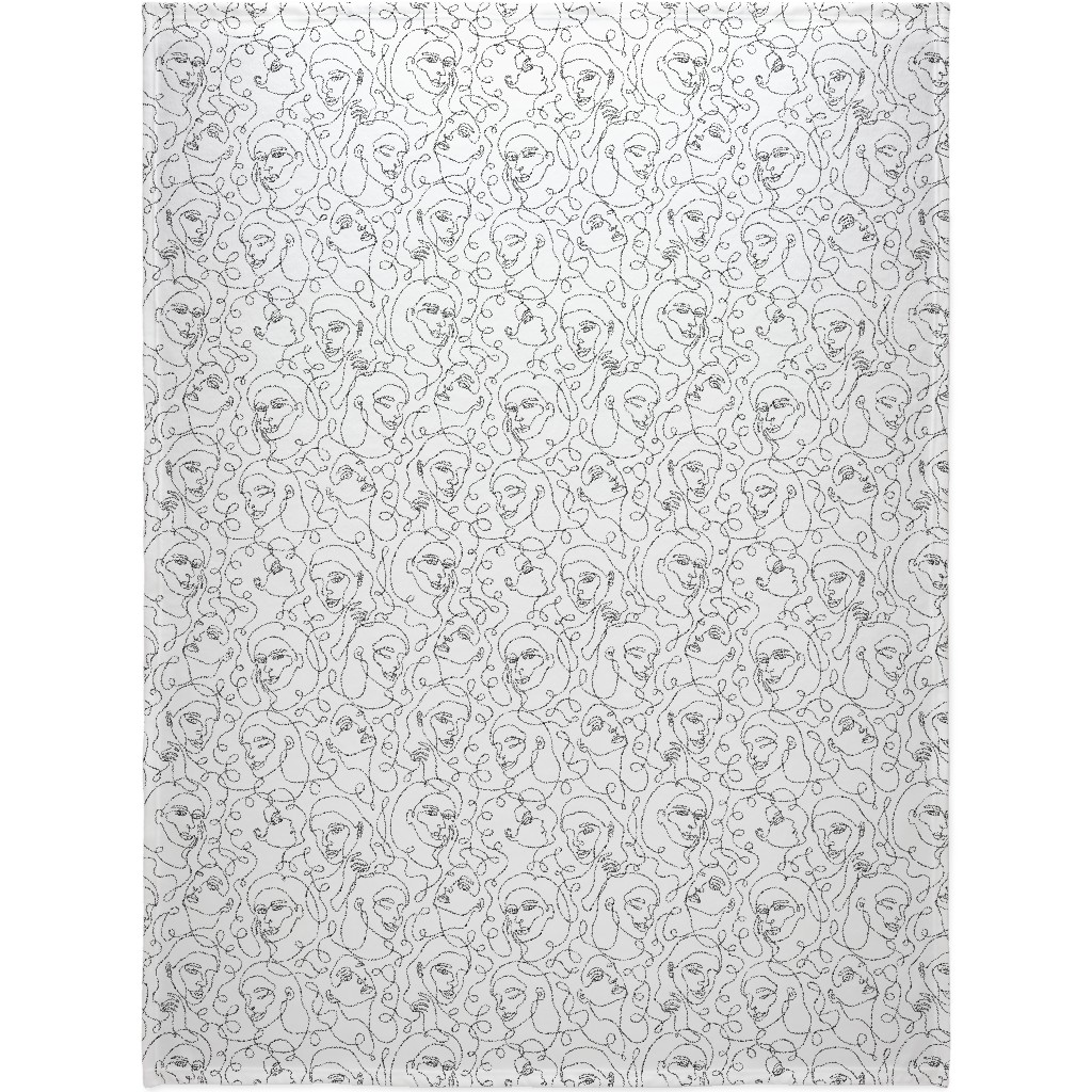 Hand Drawn Women Blanket, Fleece, 60x80, White, White