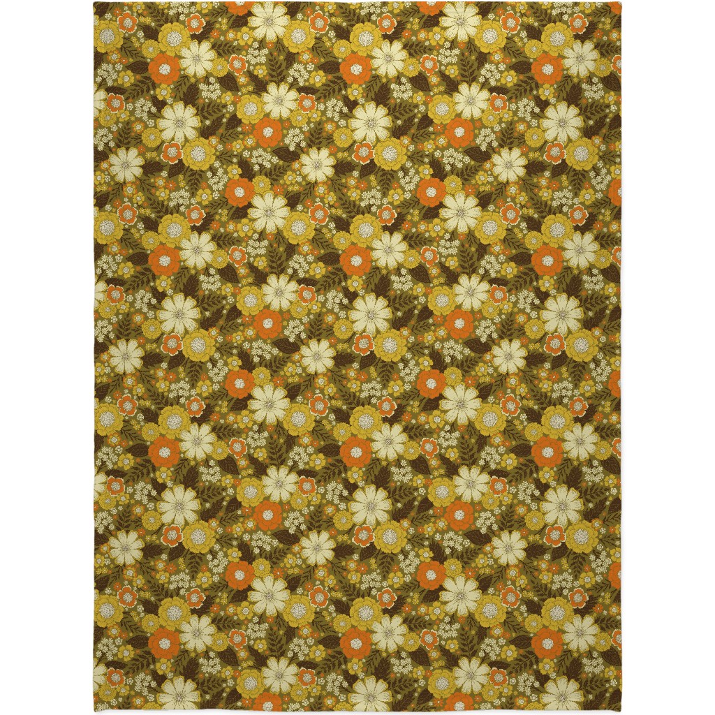 1970s Retro/Vintage Floral - Yellow and Brown Blanket, Fleece, 60x80, Yellow, Classic Yellow
